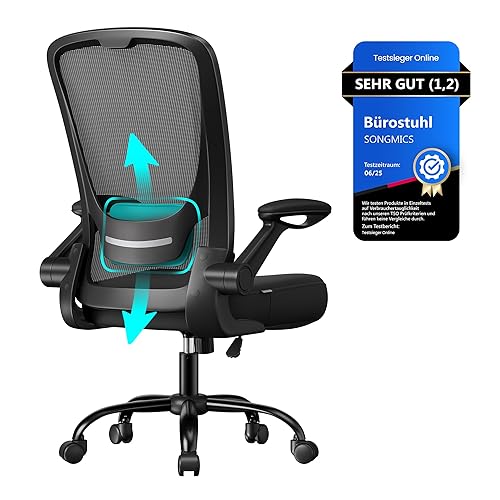 SONGMICS Bürostuhl, Schreibtischstuhl, Drehstuhl mit Netzbespannung, ergonomisch, gepolsterte Lendenstütze, Wippfunktion, 53 cm große Sitzfläche, klappbare Armlehnen, schwarz OBN37BK - Schwarz - Ohne Kopfstütze