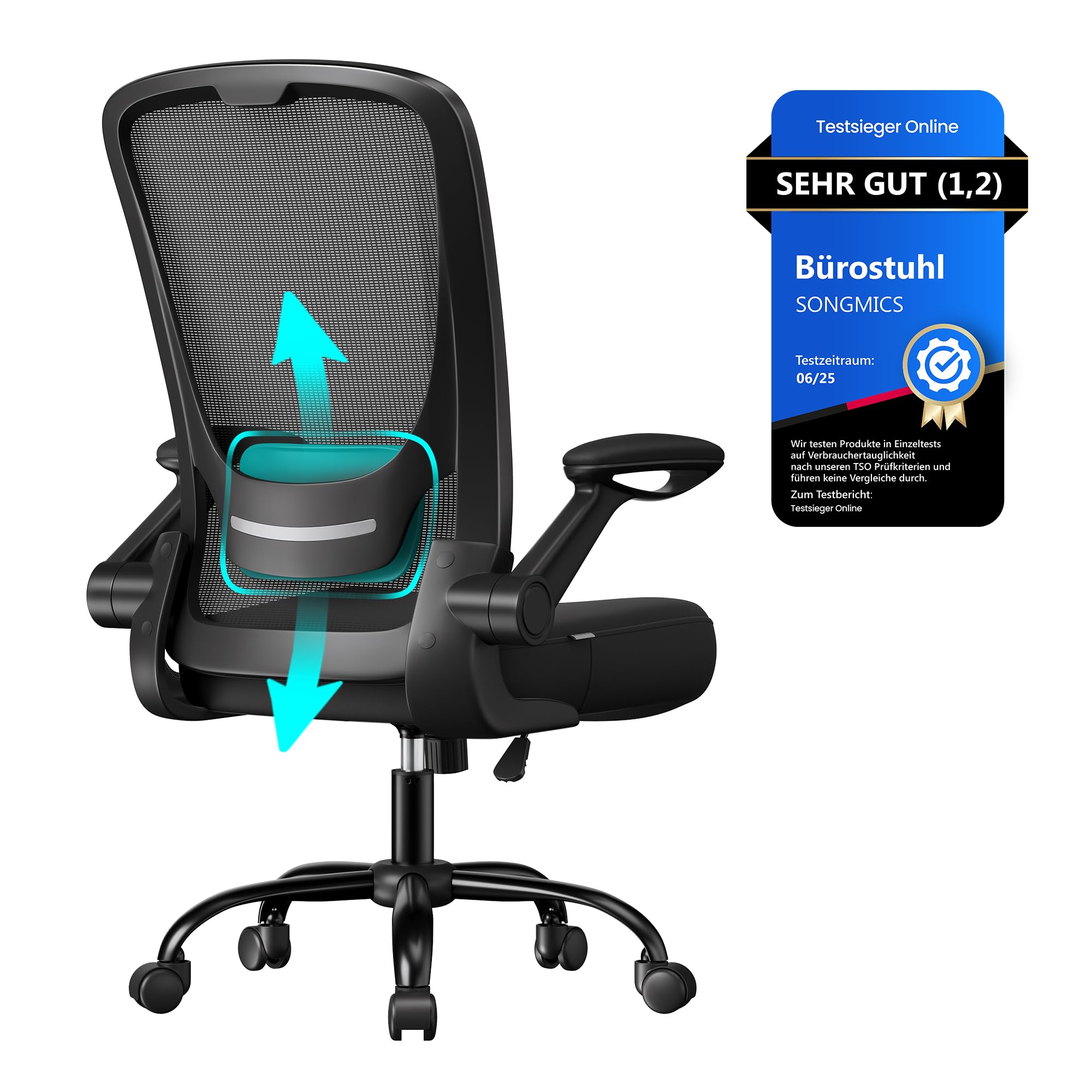 SONGMICS Bürostuhl ergonomisch, Drehstuhl mit Mesh, Lenden- und Kopfstütze, Wippfunktion, 53 cm große Sitzfläche, klappbare Armlehnen, Arbeits- und Schlafzimmer, Studenten, schwarz OBN37BK