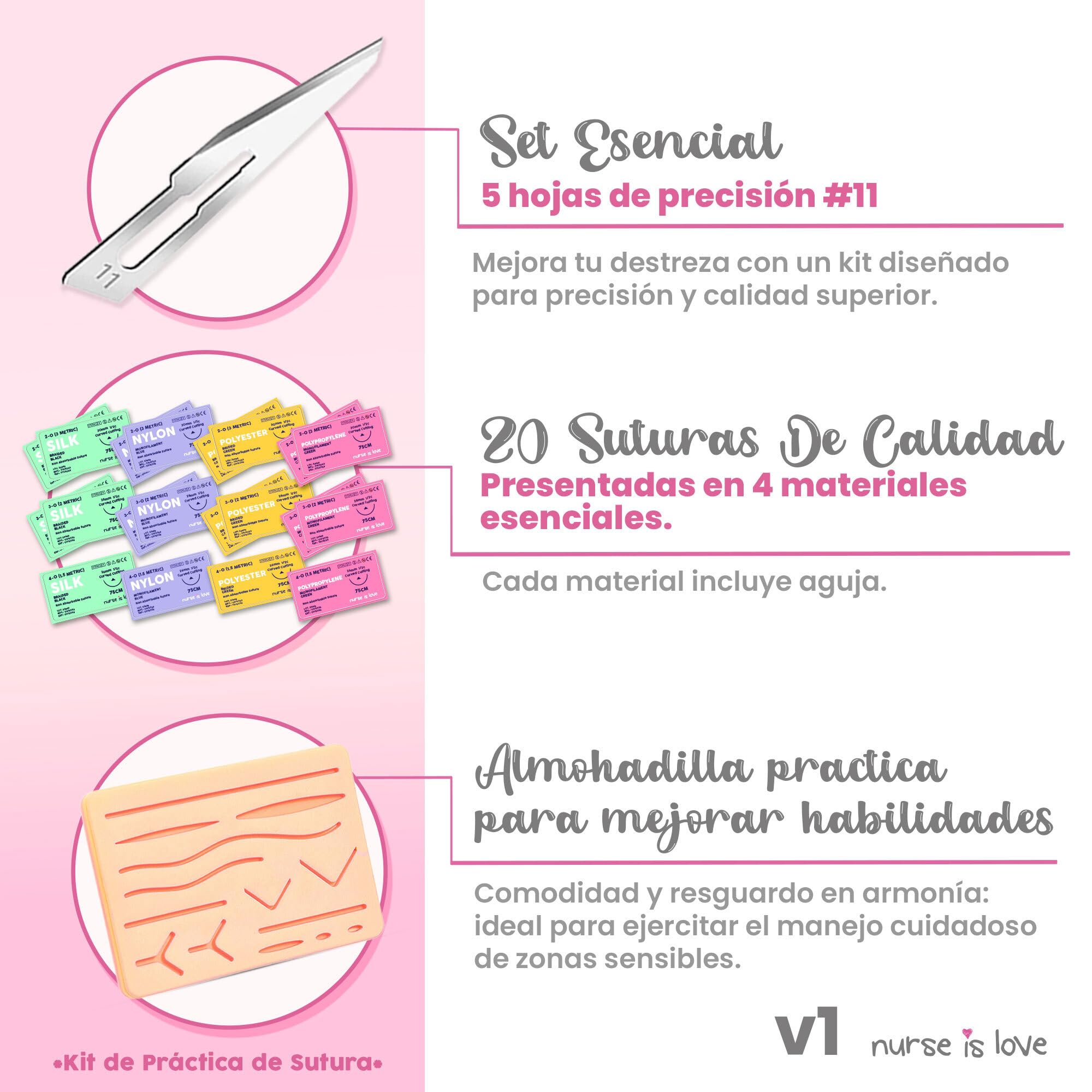 Nurse is Love Kit de Sutura para Practicar (30 piezas) con Estuche | Uso Educativo Ideal para, Estudiantes Medicina & Veterinaria + eBook + Video Curso HD | Regalo para Enfermera