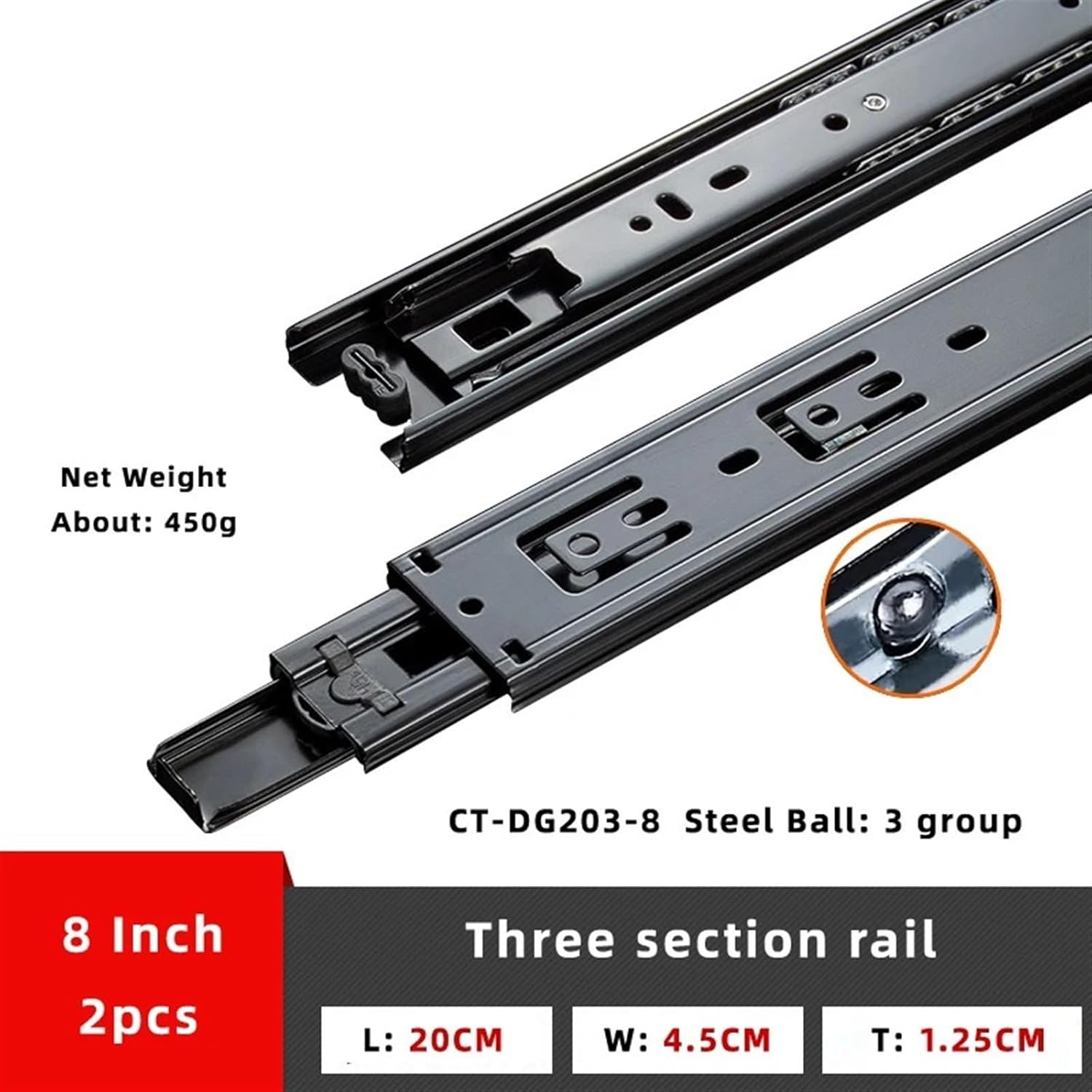 Drawer Track Rail Black Cold Rolling Steel Drawers Slide Three Section Slides 8 to 14 Inch 3 Way Sliding Tracks(DG203 8 Inch)