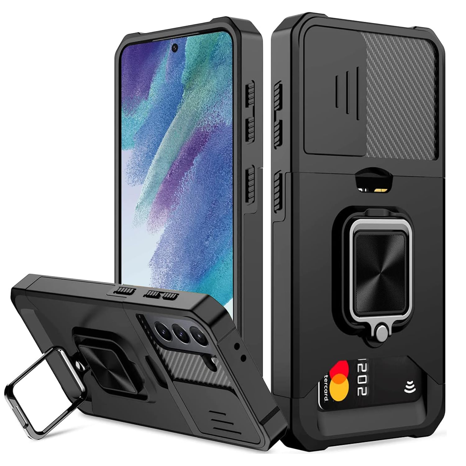 for Samsung Galaxy S21 FE Case, Areaphmet Galaxy S21 FE Case with [Card Holder] and Camera Cover with Built-in 360° Rotate Ring Stand Magnetic Magnet Phone Cover Case for S21 FE