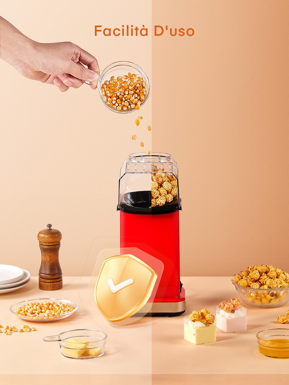 FOHERE Macchina Popcorn, 1400w Macchina per Popcorn, Pop Corn Macchina, si Apre in 2 Minuti, 17 Tazze, Rivestimento Antiaderente in Alluminio, Snack Senza Olio e a Basso Contenuto di Grassi