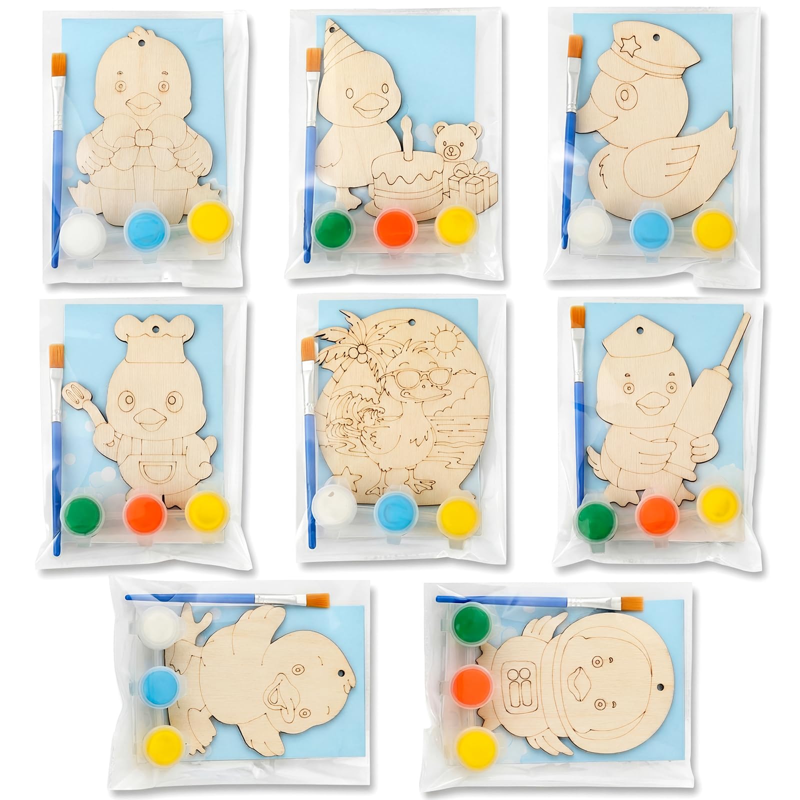 Saypacck 24 Pcs Duck Party Favors Wooden Craft Kits Duck Painting Craft Wooden Art with Hanging Hole Organza Bag for Birthday Goodie Bags Fillers Gifts Birthday Party Decorations
