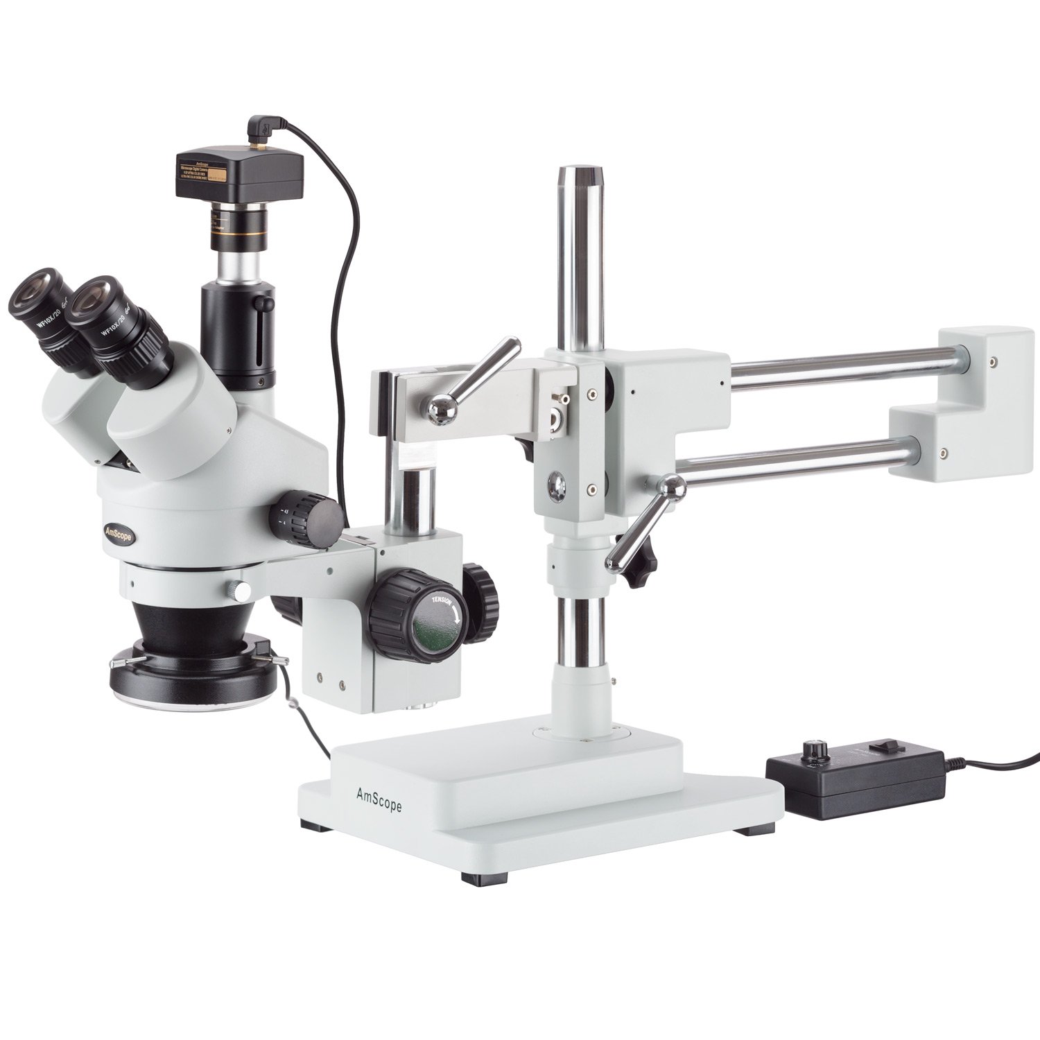 SM-4TZ-144-5MT Trinocular Stereo Microscope, WF10x Eyepieces, 3.5X-90X Magnification, 0.7X-4.5X Objective Power, 0.5X and 2.0X Barlow Lenses, 144-Bulb Ring-Style LED Light Source, Double-Arm Boom Stand, 110-240V, Includes 5MP Camera and Software