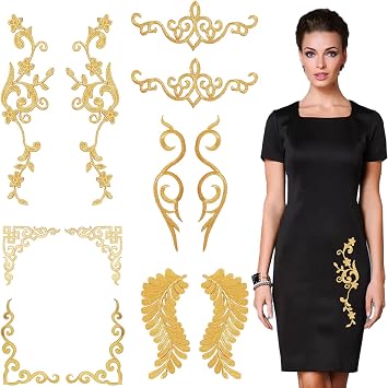 12 PCS Gold Floral Embroidered Applique, Embroidery Flower Iron on Patches, Polyester Appliques for Wedding Dress Decoration Repair Clothing Backpacks Jeans Caps