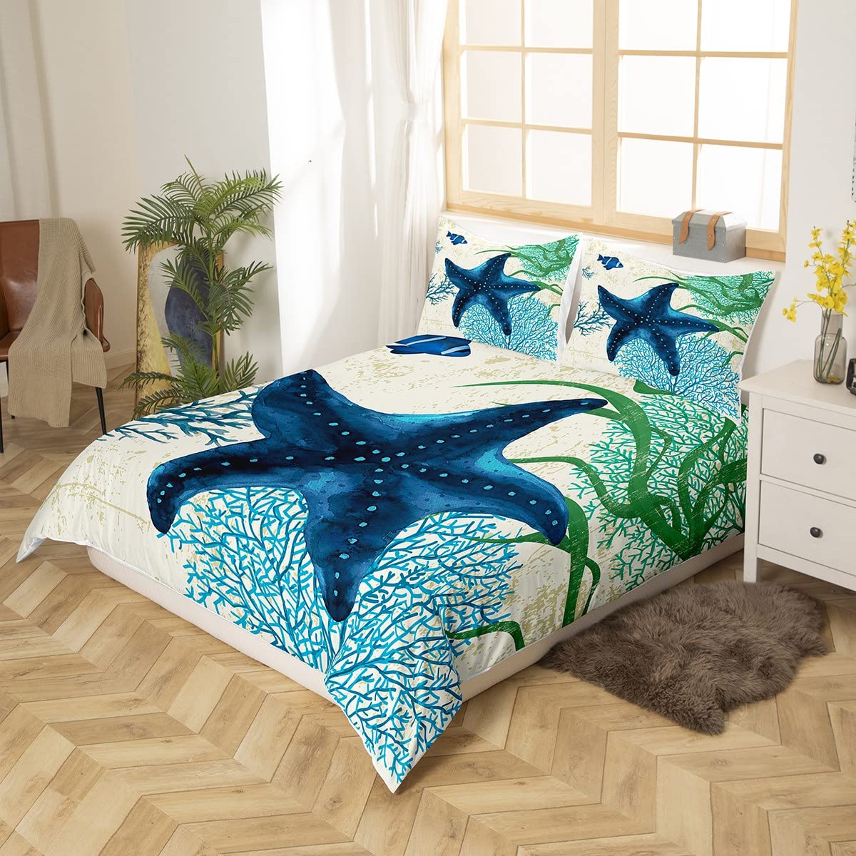 Starfish Beach Bedding Set Twin Size Kids Coastal Beach Ocean Comforter Cover Set for Boys Teens Coral Teal Blue Duvet Cover Breathable Ocean Marine Blue Green Bedspread Cover Room Decor Quilt Cover