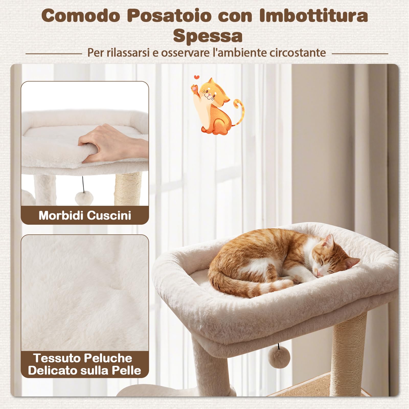 COSTWAY Albero per Gatti Moderno Alto 148 cm, Tiragraffi per Gatti con Tiragraffi in Sisal, Condo, Ampio Trespolo, Cesto, Giocattolo, Moquette e Cuscini Lavabili, Grande Torre da Arrampicata in Legno