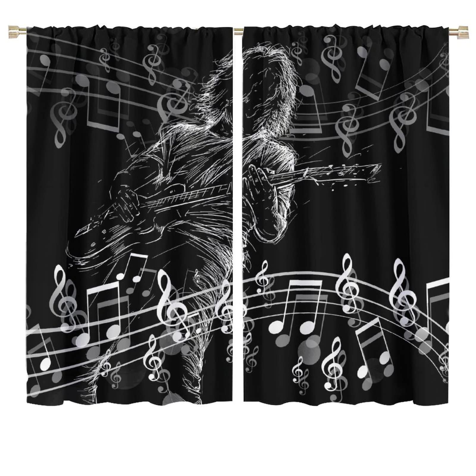 Guitar Music Blackout Curtains,Rock Roll Music Musical Notes Instrument Punk Window Treatments Curtains for Kids Teens Boys Bedroom Living Room Decor W72xL63in