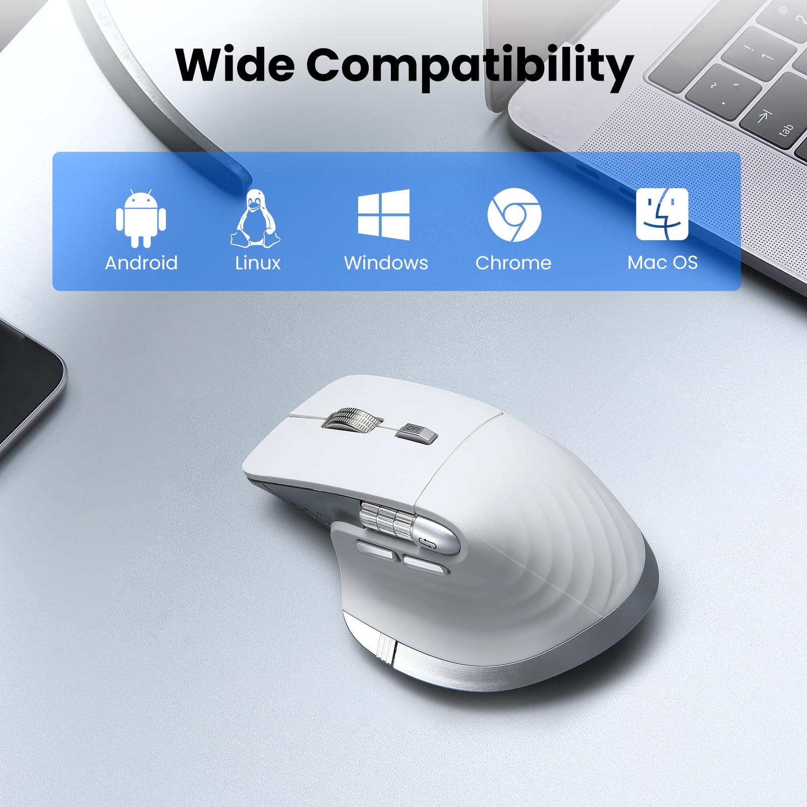 CITLLA Ratón Bluetooth inalámbrico, ergonómico, recargable, silencioso, con multidispositivo, DPI ajustable, volador y rueda de pulgar, mouse Bluetooth para laptop, computadora, tableta, smartphone
