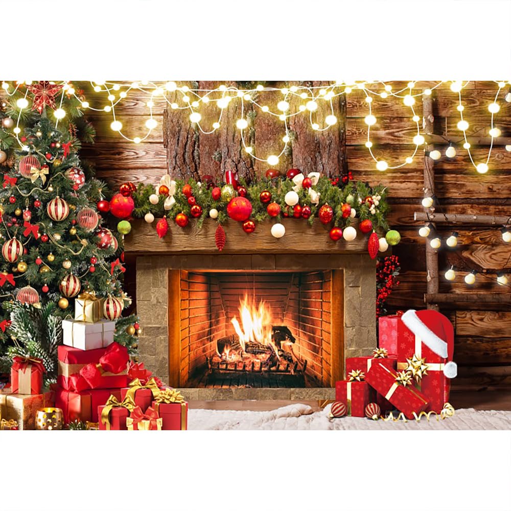 Aoihrraan 3x2,5m Buon Natale Backdrop Camino Albero Natale Regalo Rosso Marrone Legno Fotografia Della Parete Sfondo Felice Anno Nuovo Vigilia Natale Decorazione Festa Famiglia Ritratto Foto Props