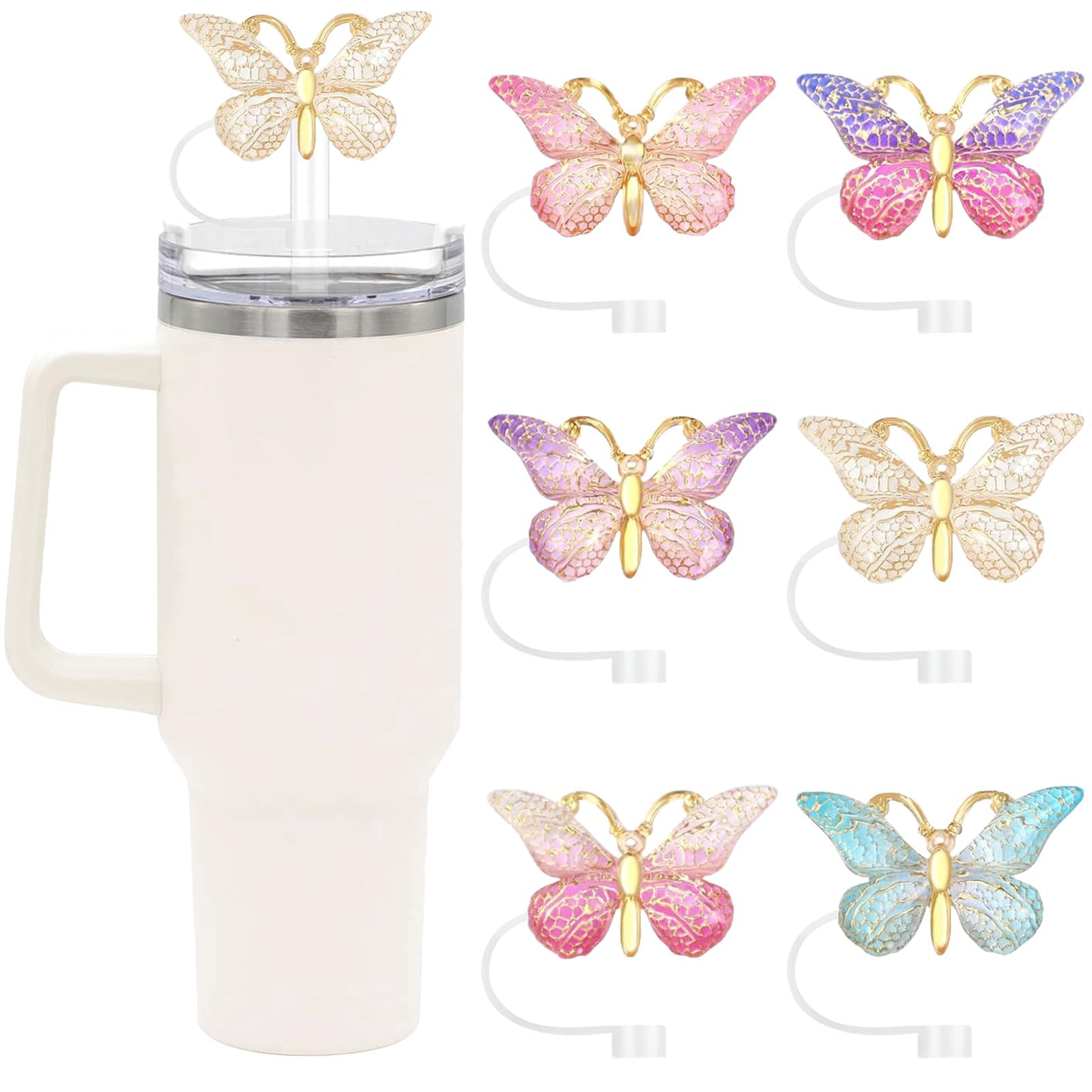 6Pcs Stanley Accessories, Cute Butterfly Straw Covers – 10mm Reusable Bling Straw Toppers, Dustproof Spill-Proof Cup Accessories for 30&40 oz Tumblers, Colorful Straw Protectors-image-4