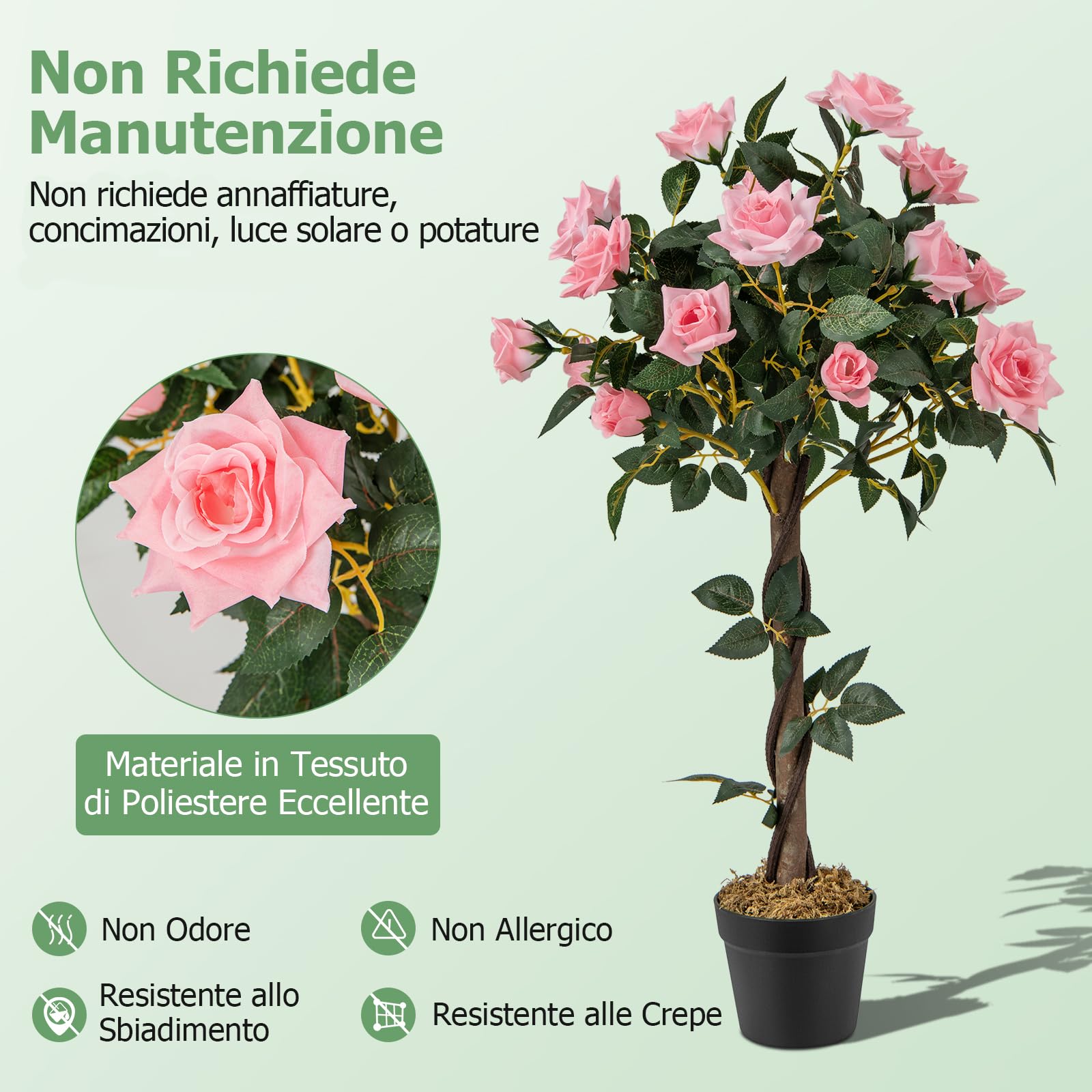 COSTWAY Albero Artificiale con Fiori, Albero di Fiori Finti da 93 CM con Rose, Vaso, Tronco in Legno Reale, Senza Manutenzione, Pianta Finta in Vaso per Ufficio, Casa e Portico