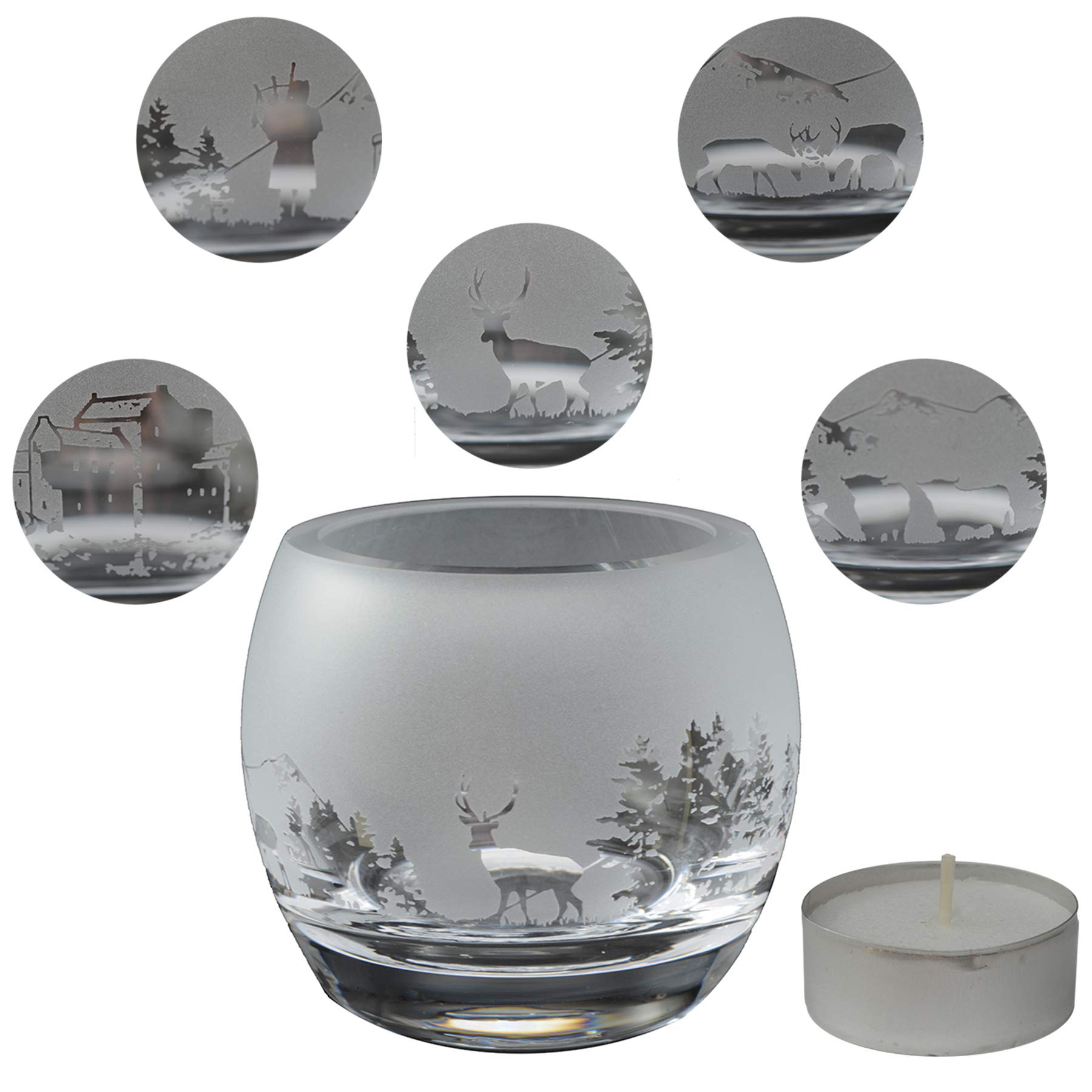 Milford Collection Animo Glass Small Crystal Animal Woodland Glass Tealight Candle Holder - Scottish Scene