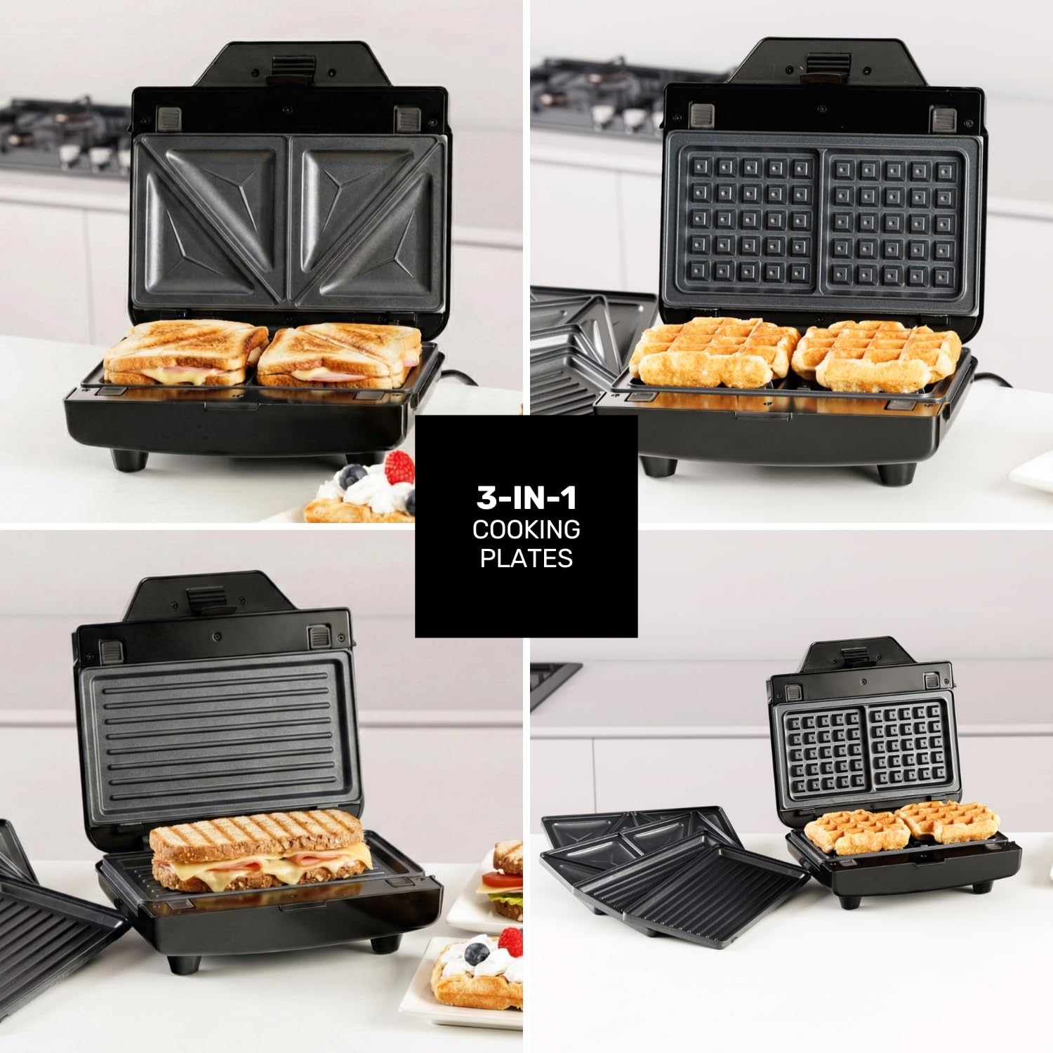 Taurus - Sandwichera Miami Legend | 900W | 3 Placas antiadherentes desmontables: Sandwich, Grill y Gofre | Rápido Calentamiento Uniforme | Almacenaje vertical | Asa toque frío | Acabados Inox