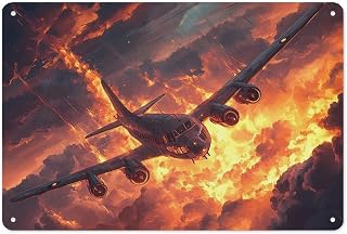 Vintage Metal Tin Plaque Burning Airplane in Sky Boy's Room Wall Decoration, Military Enthusiast Gift, Men's Garage Military Poster