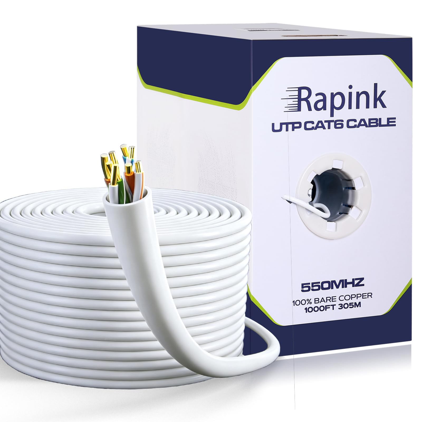 Rapink Cavo Ethernet Cat6 304,8 m, cavo Ethernet Cat6 23AWG Supporto 10G in rame nudo solido, cavo UTP cat6 550 MHz, cavo cat 6 304,8 m Supporto POE Bianco