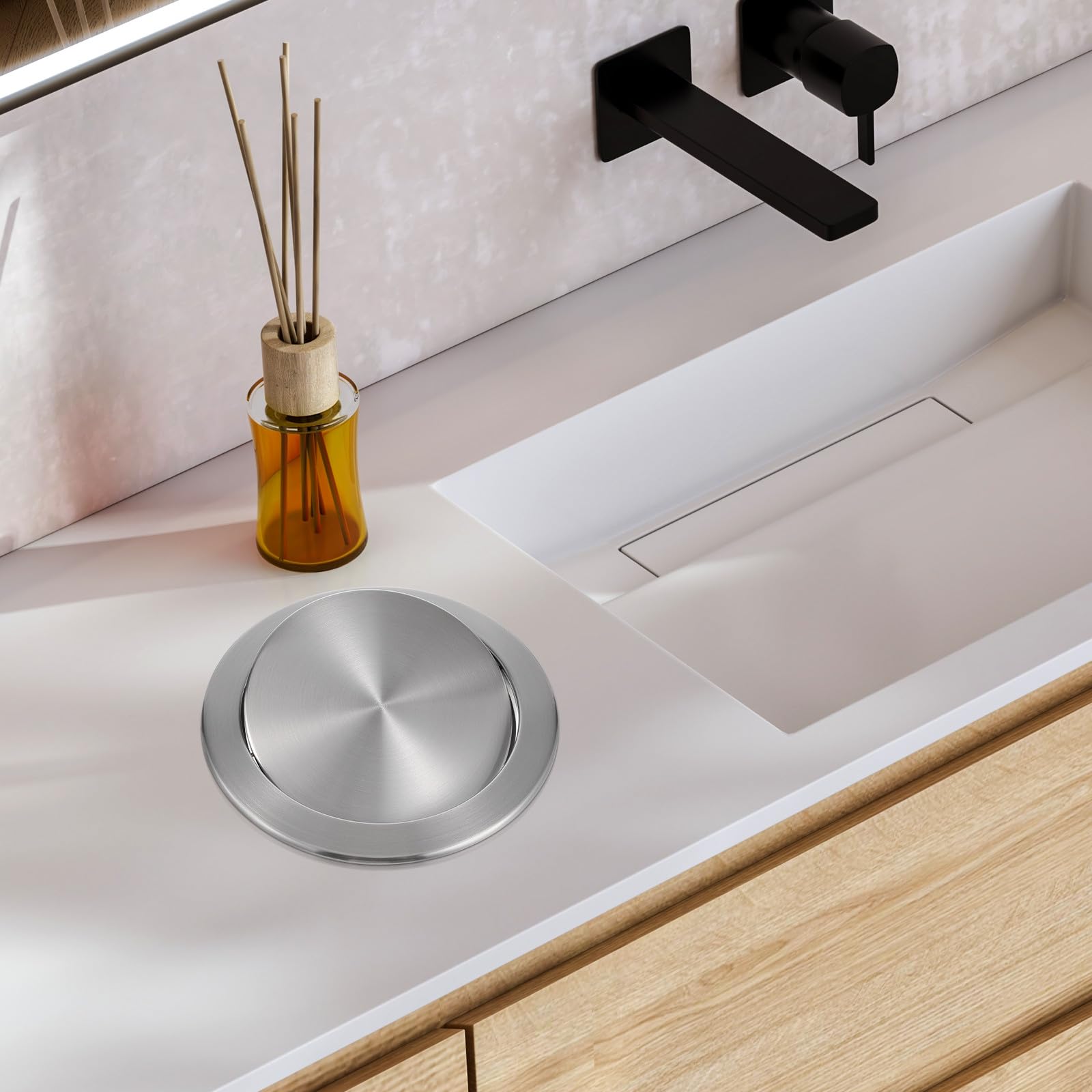 Tapa de Basura Empotrada de Acero Inoxidable 430, Diámetro 22-26 Cm, Solapa Abatible para Encimera de Cocina y Baño, Cubierta Resistente y Funcional para Cubo de Basura