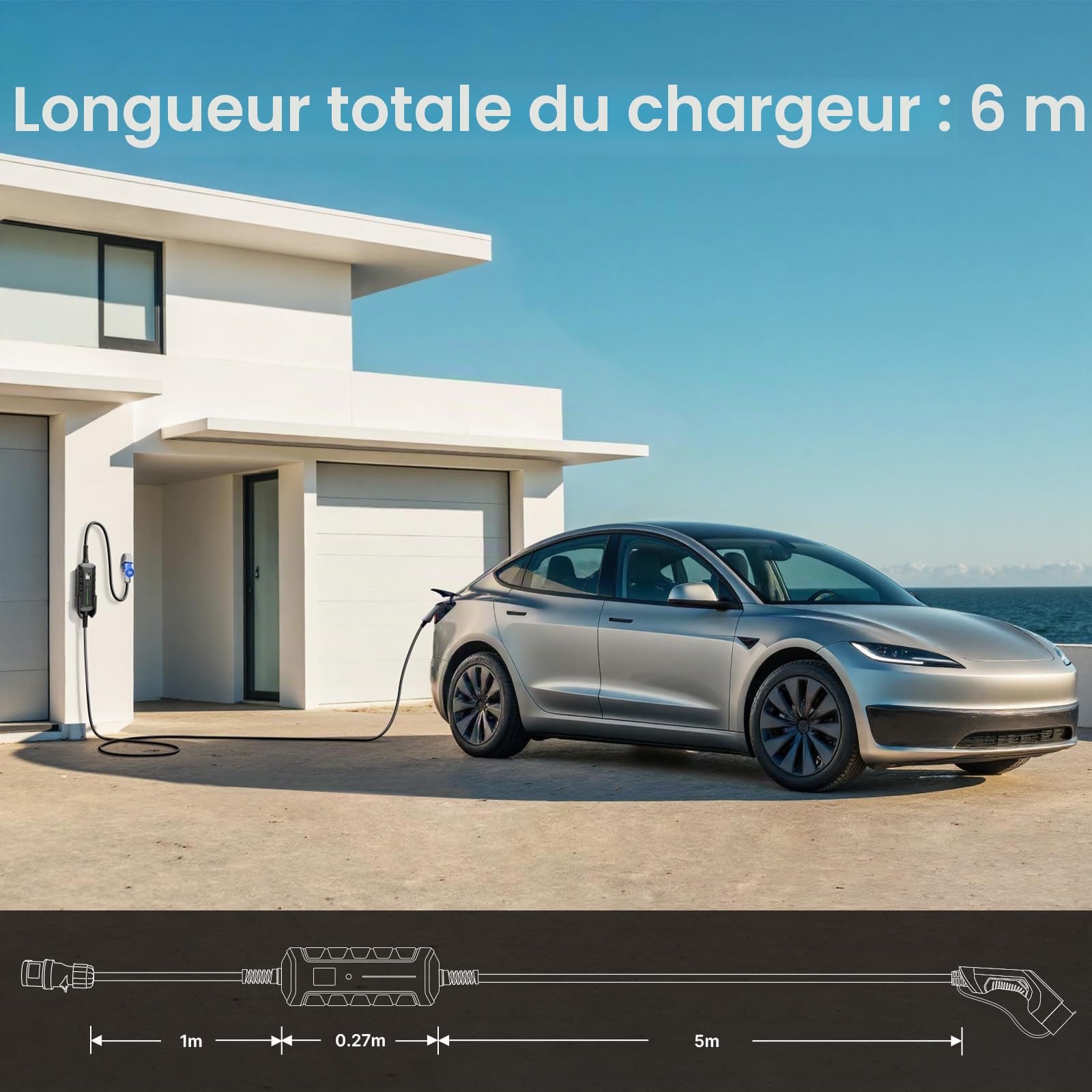 EV Chargeur 7,4 KW Station de Recharge Mobile Boîtier Mural avec Affichage Numérique Type 2, CEE Monophasé, câble de 6 m, 16 A/24 A/32 A