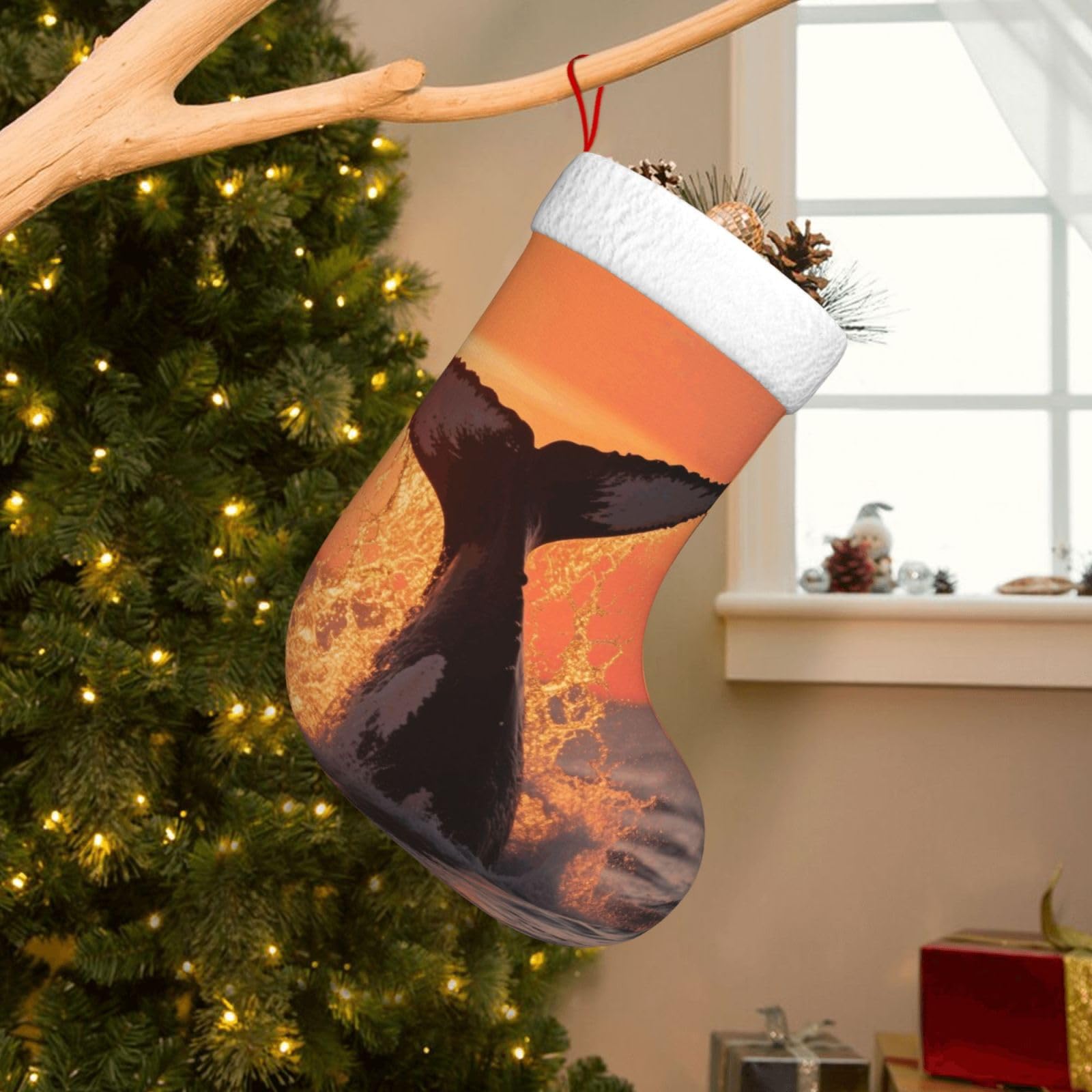 Velvet Christmas Stockings 17.7 Inch, Sunset Humpback Whale Xmas Stocking with Soft Cuff,Classic Personalized Christmas Tree Decoration for Family Holiday New Year Party Supplies