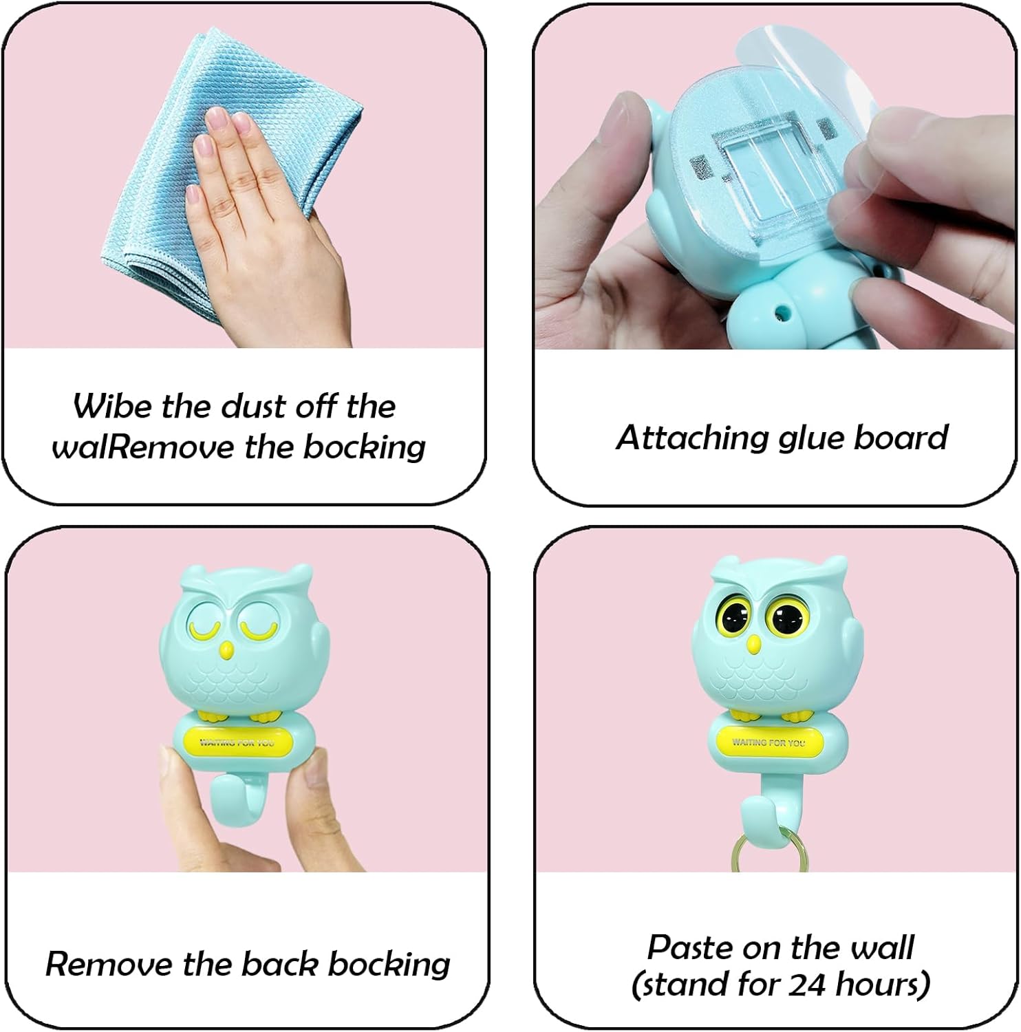 Creative Adhesive Key Hooks,3Pcs Wink Owl Holder,Kawaii Room Decor Creative Wall Mounted for Hanging Towels, Hats,Coat,Cloth Bags,Key, for Wall Hanging Decor(Pink+Purple+Baby Blue)