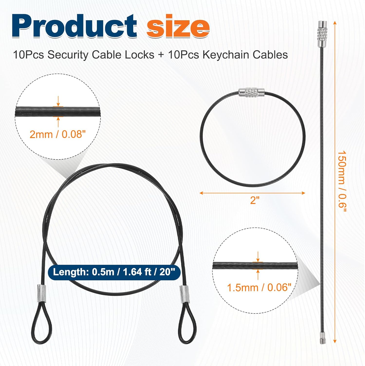 10 Set Double Loop Security Cable Lock (1.64 ft X0.08'') + Keychain Cable, Black