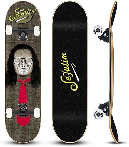 Sefulim 31 x 8 Inch Complete Skateboard 7 Layer Canadian Maple Double Kick Deck Concave Cruiser Trick Skateboard for Boys Girls Teens Adults Beginner