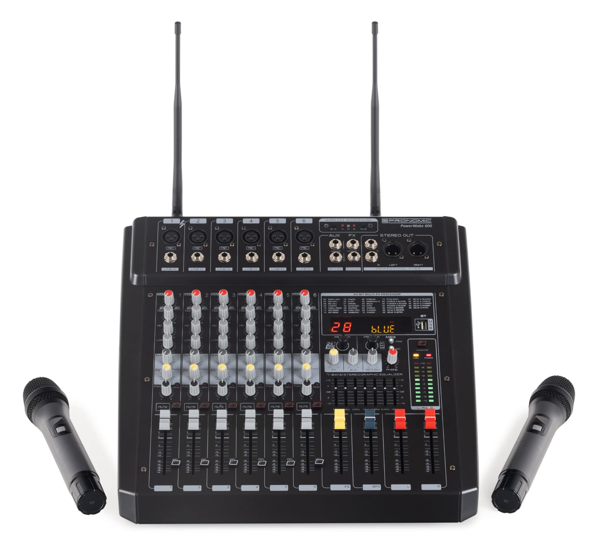 Pronomic Powermake 600 Powermischer - 6-Kanal-Mischpult - 2 UHF-Funkmikrofone - 760 Watt RMS-Leistung - 24Bit Multi-Effekt-Prozessor - Bluetooth®/USB-Player/Recorder - Grafischer Equalizer - Schwarz