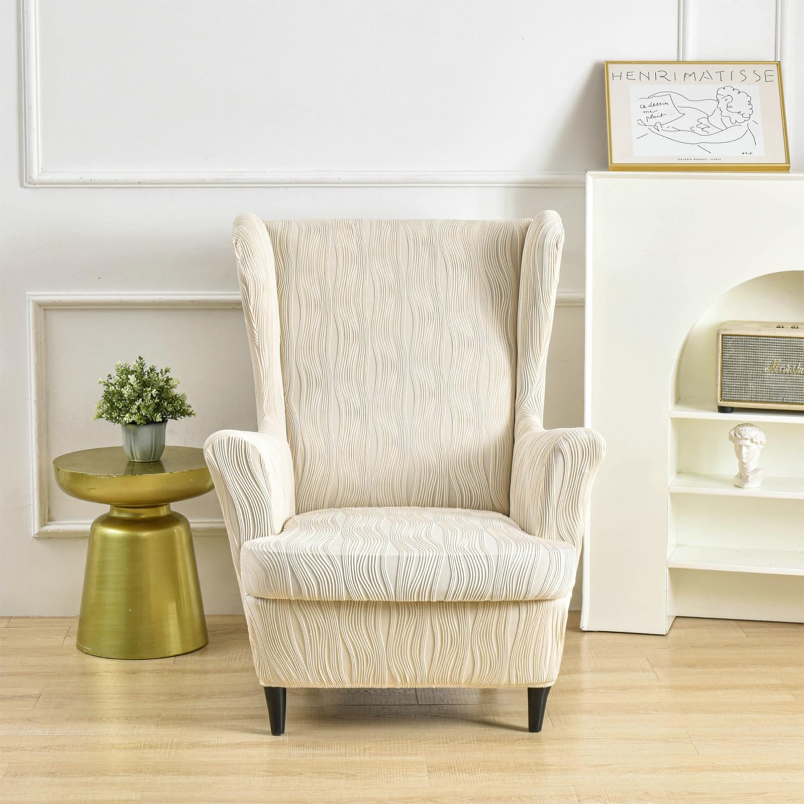 Funda elastica para silla wingback y reposapies funda otomana jacquard beige de sillon