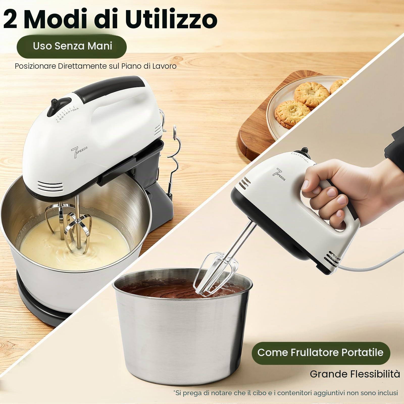 Macchina da cucina da 100 W, impastatrice con ciotola in acciaio inox da 1,7 l, 7 velocità, con 2 frullatori, robot da cucina per impasto del pane
