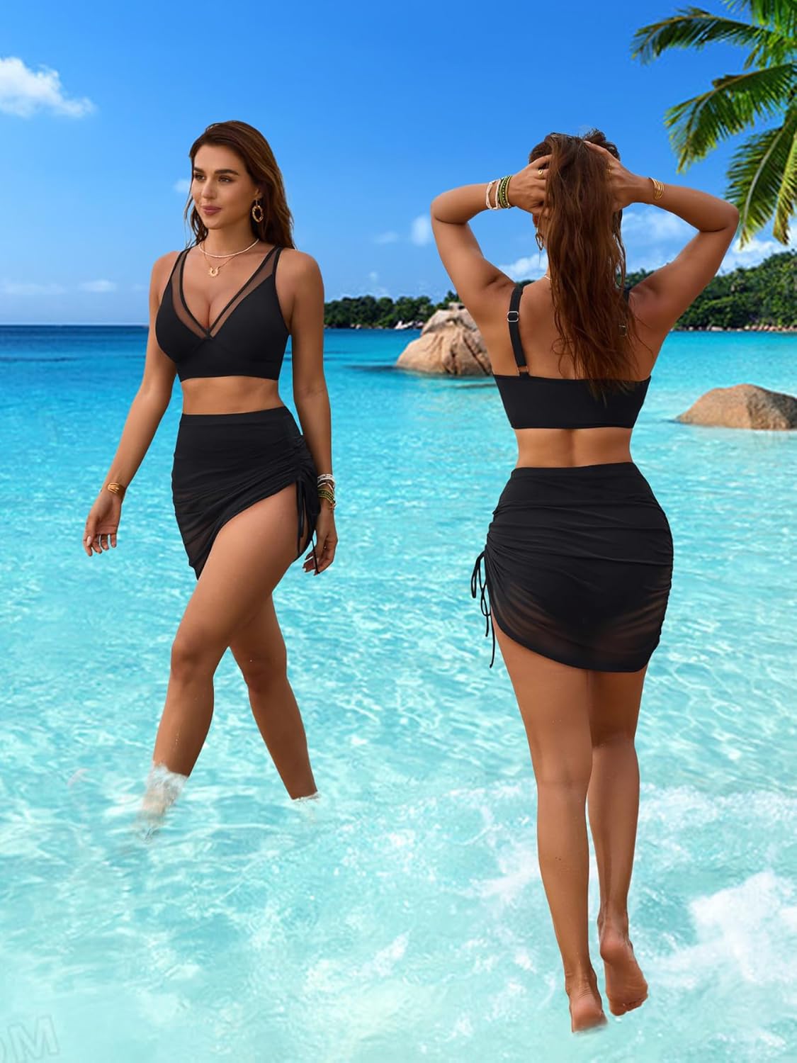 NTSWZYS Women's High Waisted Bikini Sets Mesh Swim Skirt Tummy Control Swimsuits 2 Piece Bathing Suits