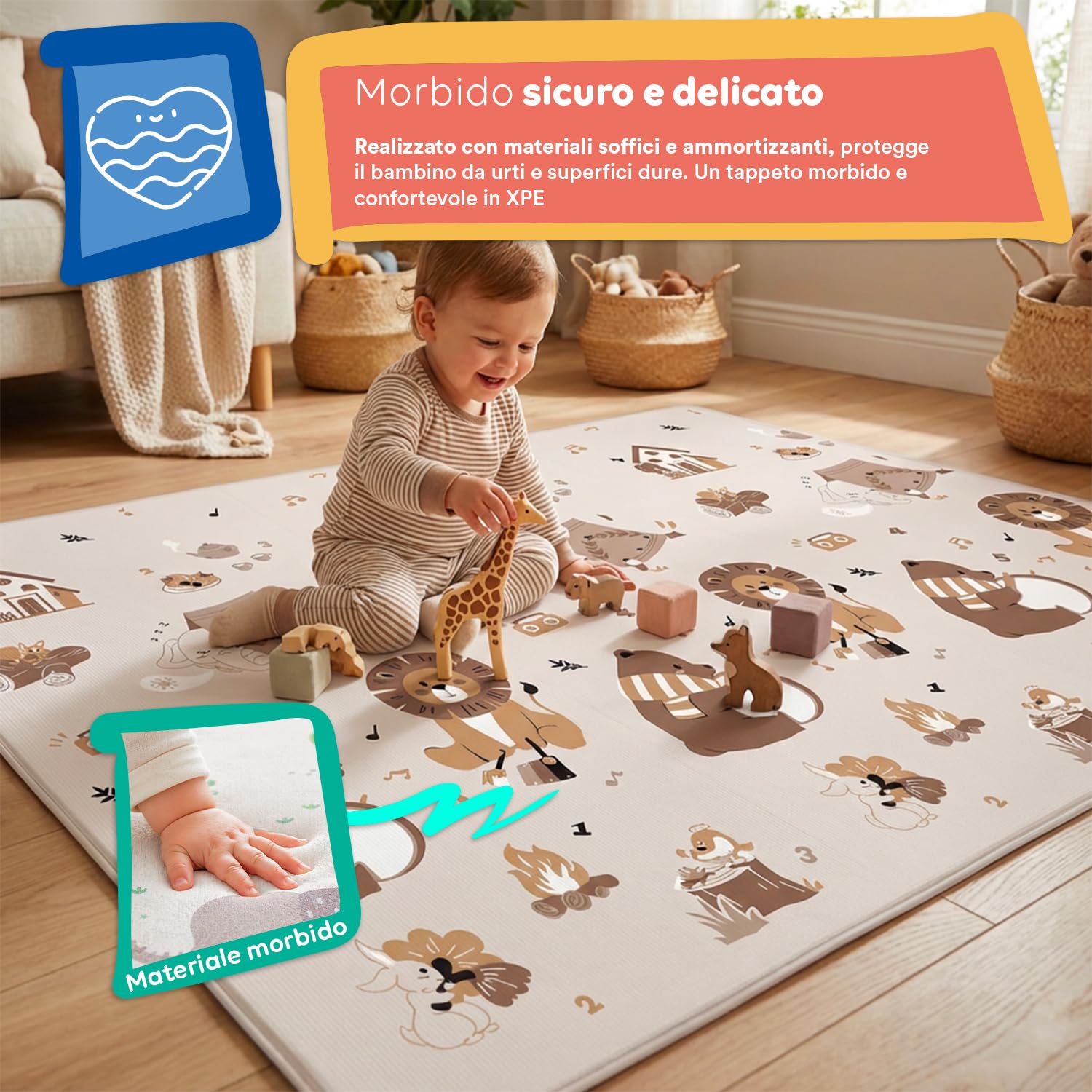 Avilia - Tappetino da Gioco Pieghevole per Bambini 180x150cm - Tappeto Educativo in XPE con Disegni - Spessore 1 cm Ammortizzante e Impermeabile - Borsa di Trasporto Inclusa (Amici Del Bosco)