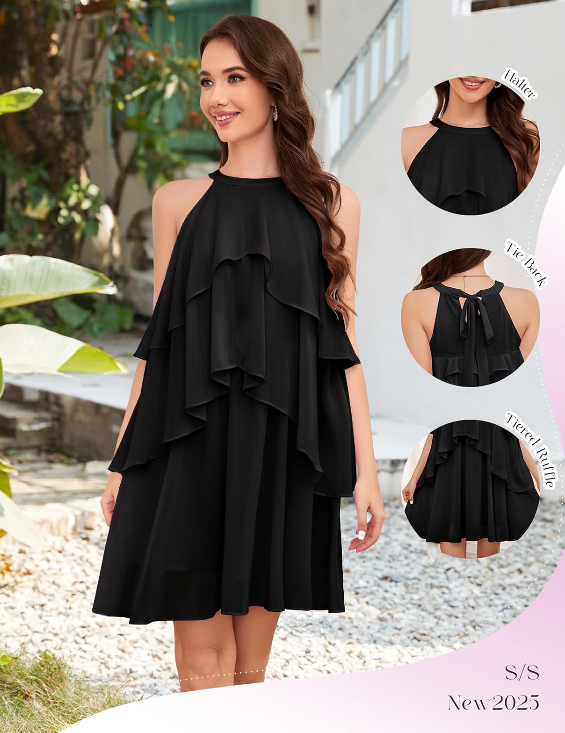 DRESSTELLS Women's Cocktail Dress for Formal Wedding Guest, 2025 Homecoming Prom Party Aline Short Evening Club Halter Ruffle Tiered Dresses Black XL - Image 3