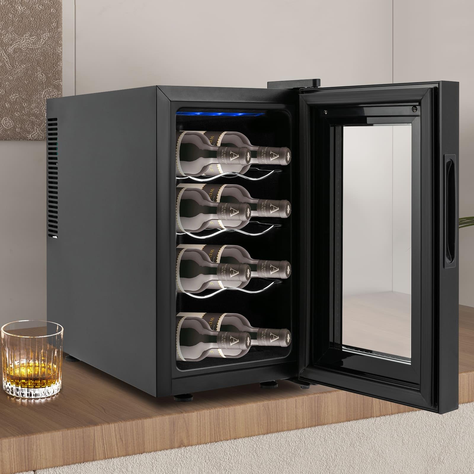 Frigorifero autoportante da 23 l, frigorifero per bevande, 8 bottiglie, piccolo frigorifero per bottiglie di vino, illuminazione a LED con porta in vetro per soda, birra, vino