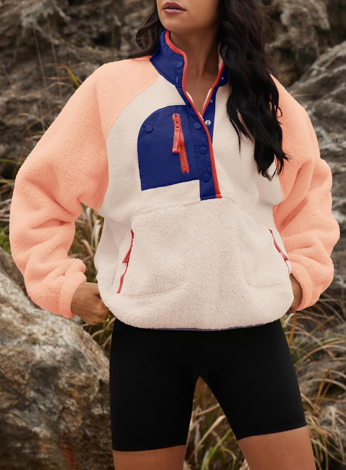 Yanekop Womens Fuzzy Fleece Pullover Sherpa Sweatshirt Long Sleeve Button Down Sweater Winter Fleece Jacket with Pockets - Image 5