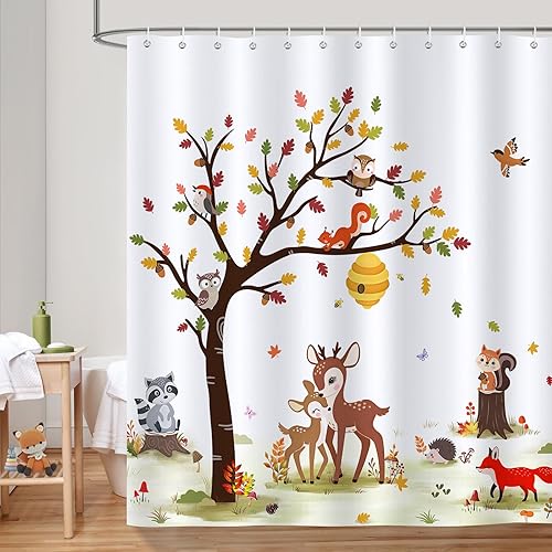 Miniatura 2 de Bonhause Cortina de ducha de otoño para niños, lindo animal ciervo, zorro, ardilla, cortina de baño de 72 x 72 pulgadas, tela de poliéster
