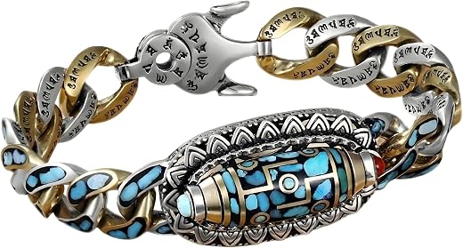 THE MEN THING TURQUOISE NINE-EYED DZI - 12mm Pure Copper Bracelet with Box Clasp for Men &amp; Boys (8 inch)