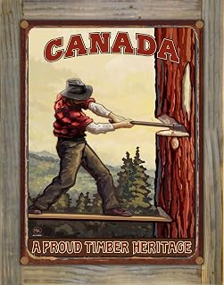 Northwest Art Mall Canada Tree Chopper Rustic Metal Print on Reclaimed Barn Wood from Travel Artwork by Artist Paul A. Lanquist 8.5" x 11.5"