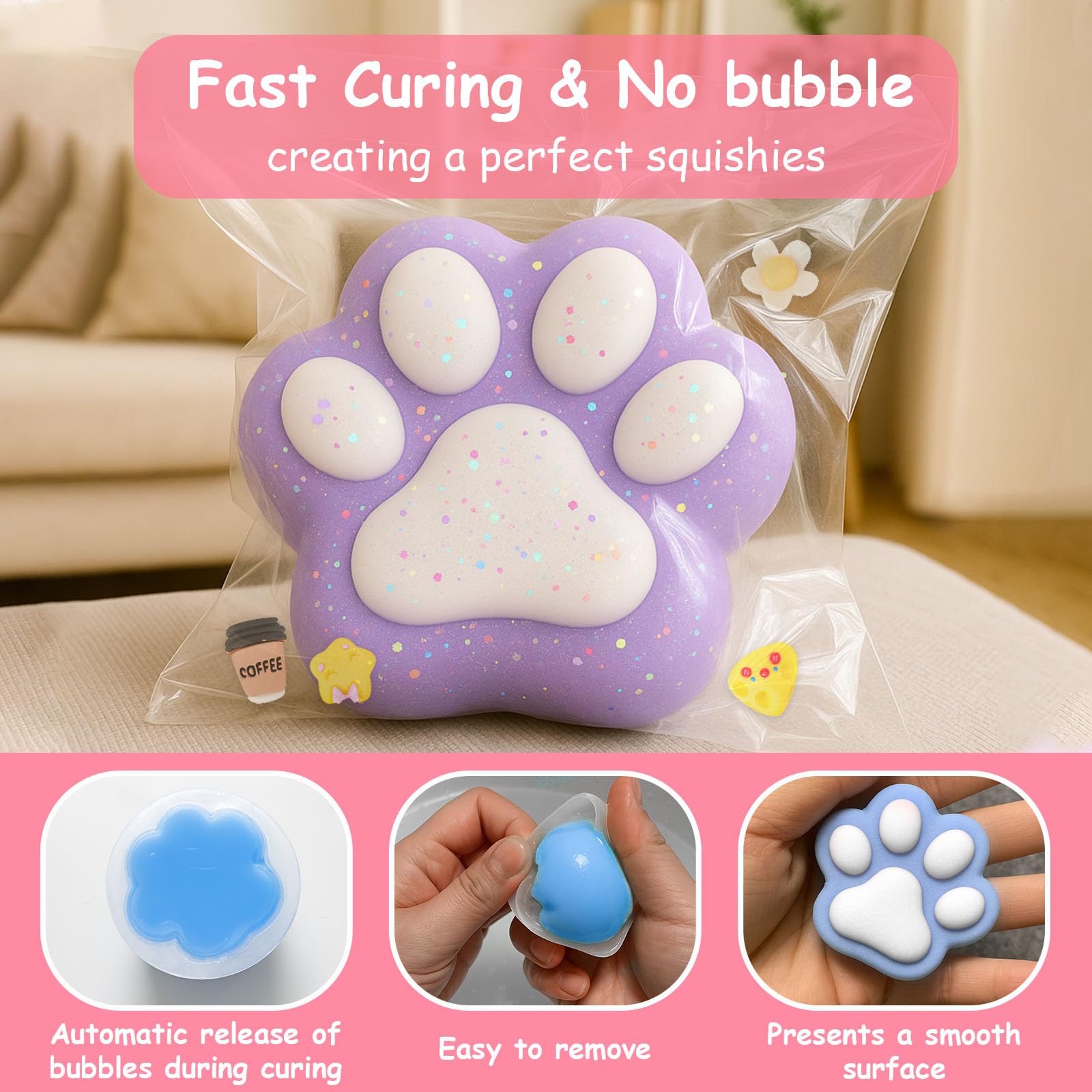 1DFAUL Zestaw do robienia squishy z płynnego silikonu 17.6oz, ​​bez bąbelków i szybko utwardzalne, z królikiem, łapką kota, foremkami do sera, zabawne sposoby na odstresowanie, prezenty DIY