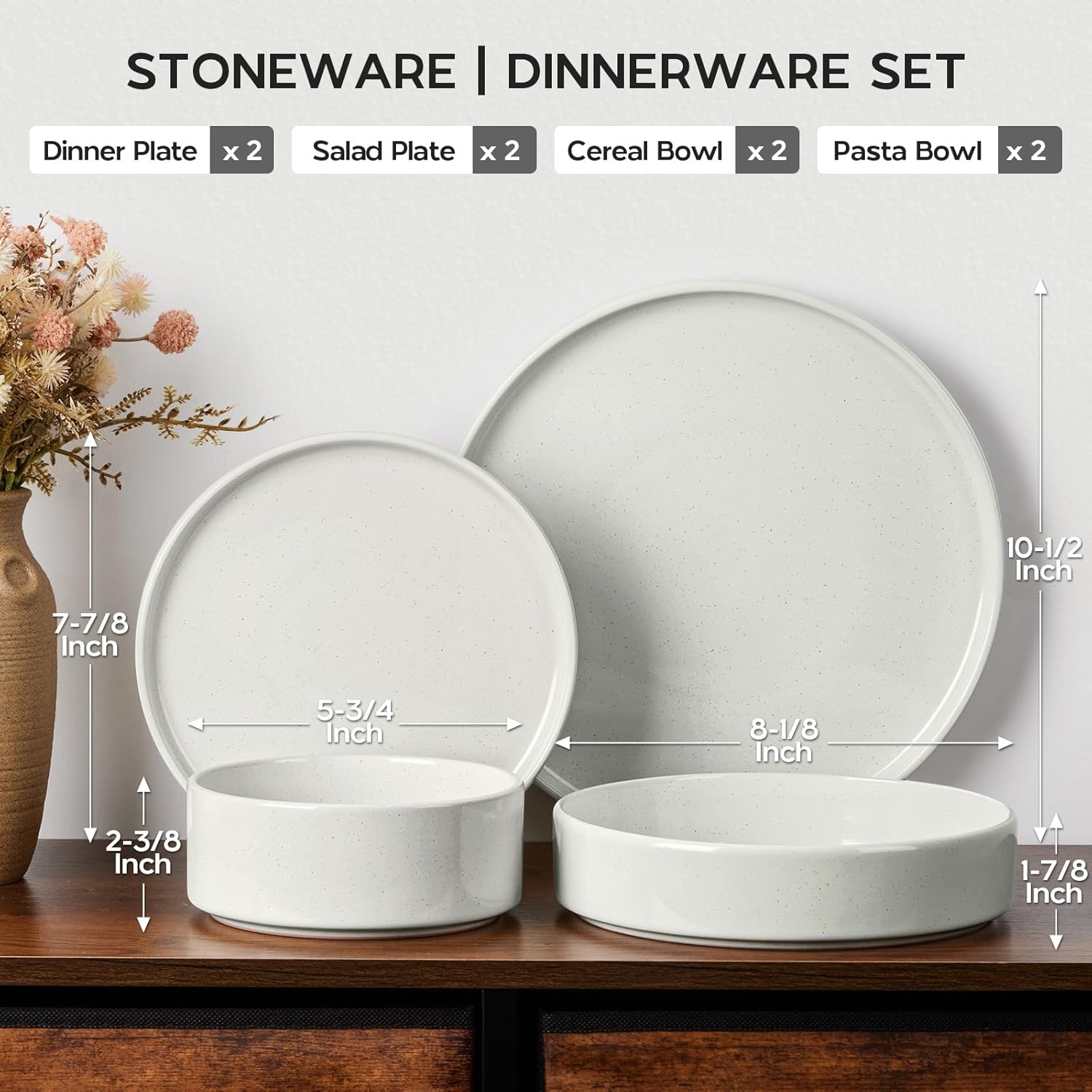 Stoneware Dinnerware Sets for 2, Onader Speckled Plates and Bowls, 8 Pieces Ceramic Dish Dinner Set with Pasta Bowl, Microwave & Dishwasher Safe - Cloud White - Image 2