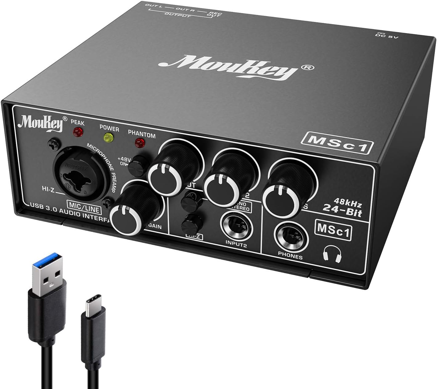 Moukey USB 3.0 Audio Interface, Microphone Preamps with 48V Phantom Power, 24 Bit, Support Smartphone, Tablet, Computer and Other Equipment Recording - MSc1: Musical Instruments