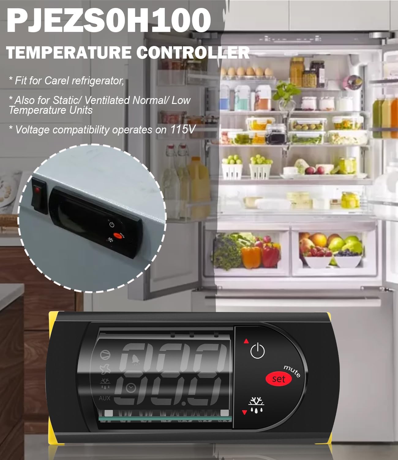 PJEZS0H100 Temperature Controller, Digital Thermostat with Temperature Sensor Probe Compatible with Carel and All Refrigerator Types, 115V, Black