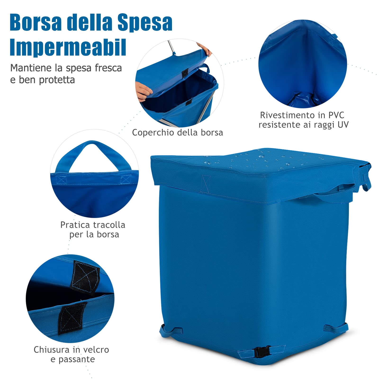GYMAX Trolley per Spesa Pieghevole, Capienza di 90 L, Portata di 55 kg, Richiudibile e Staccabile, con 4 Ruote, Doppio Manico e Coperchio, Materiale Impermeabile, 46x66x94,5 cm (Blu)