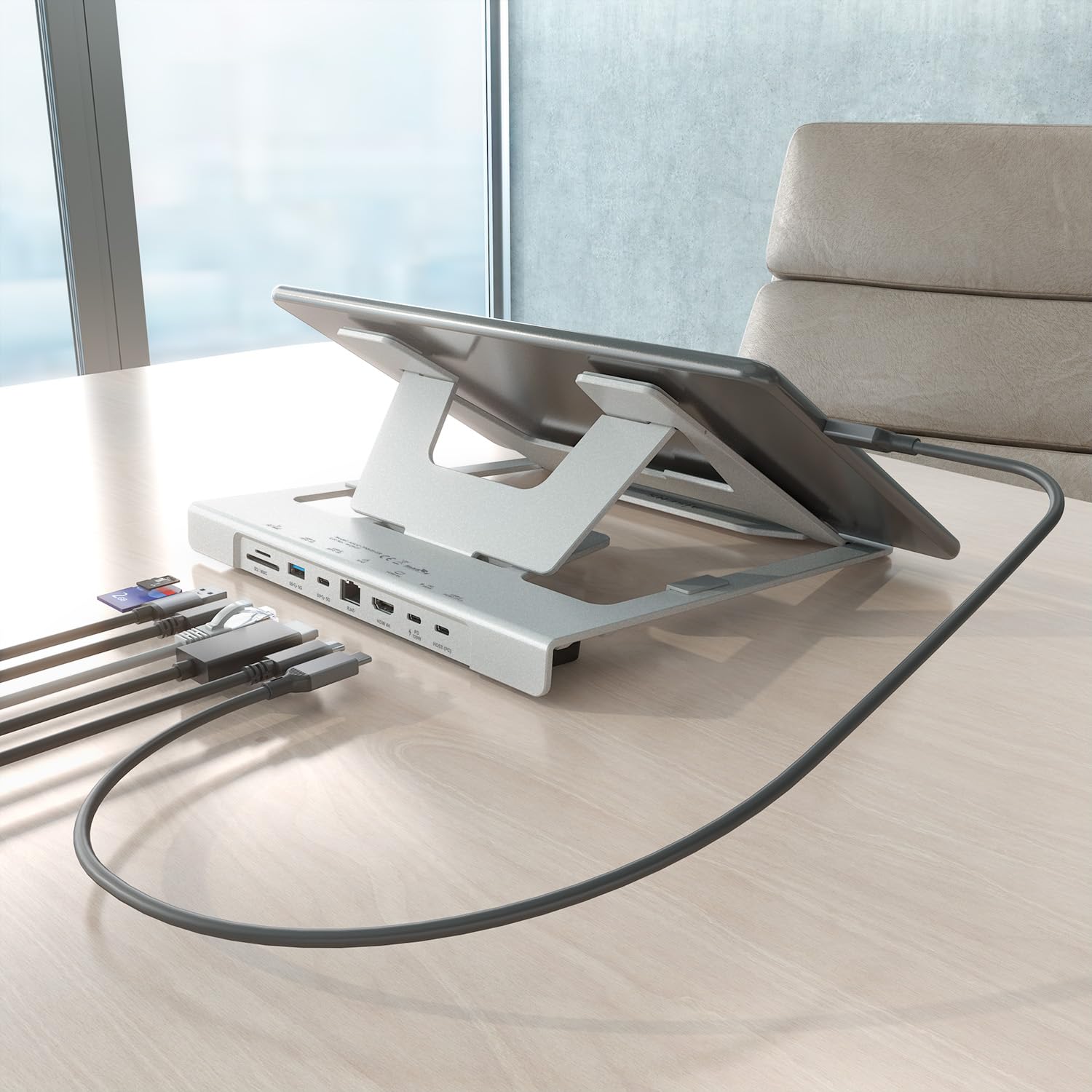 AISENS - ASUC-7P045-GR - Regulowany uchwyt na laptopa/tablet z USB-C Docking 7 w 1, szary