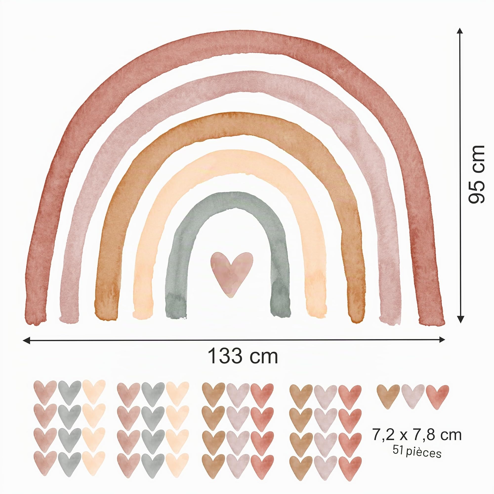 TamTamTu Sticker mural Arc-en-ciel avec cœur - Décoration pastel pour chambre d'enfant, style bohème, imperméable, facile à appliquer A61XXL