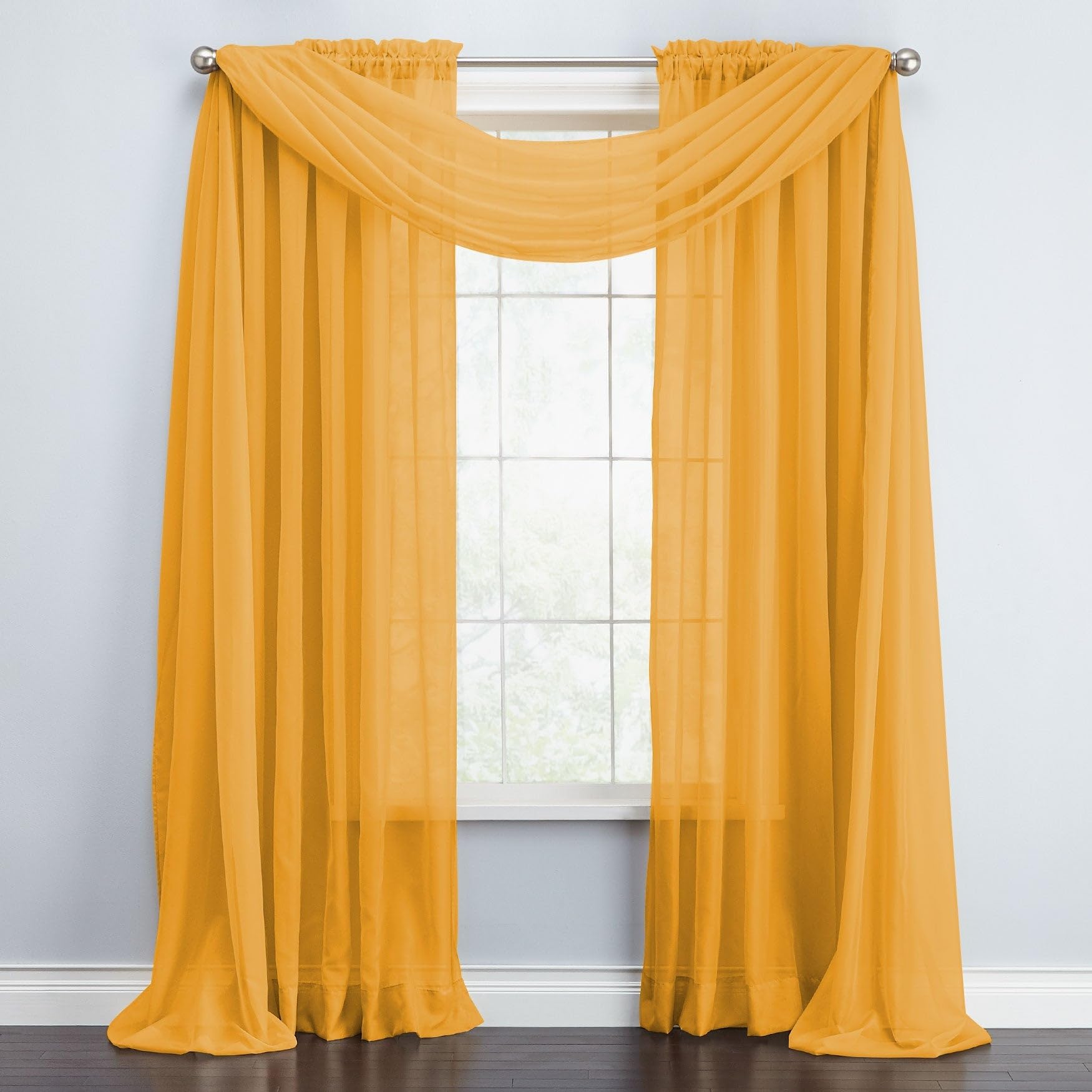 BrylaneHome BH Studio Sheer Voile Scarf Valance - 40" W 288" L, Gold