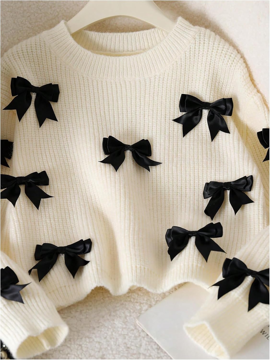 SHENHE Girl's Bow Sweater Crew Neck Long Sleeve Chunky Knit Cropped Sweater Pullover - Image 4