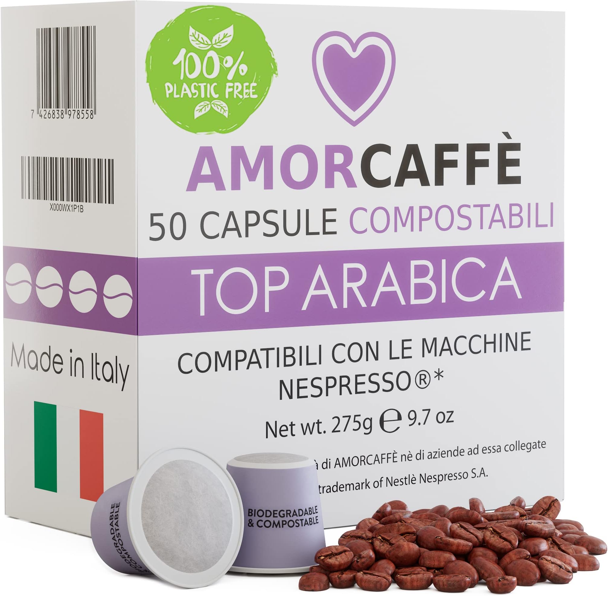 Amorcaffe 50 Home Compostable Compatible with Nespresso Coffee Capsules Pods - Top Arabica - Medium Roast
