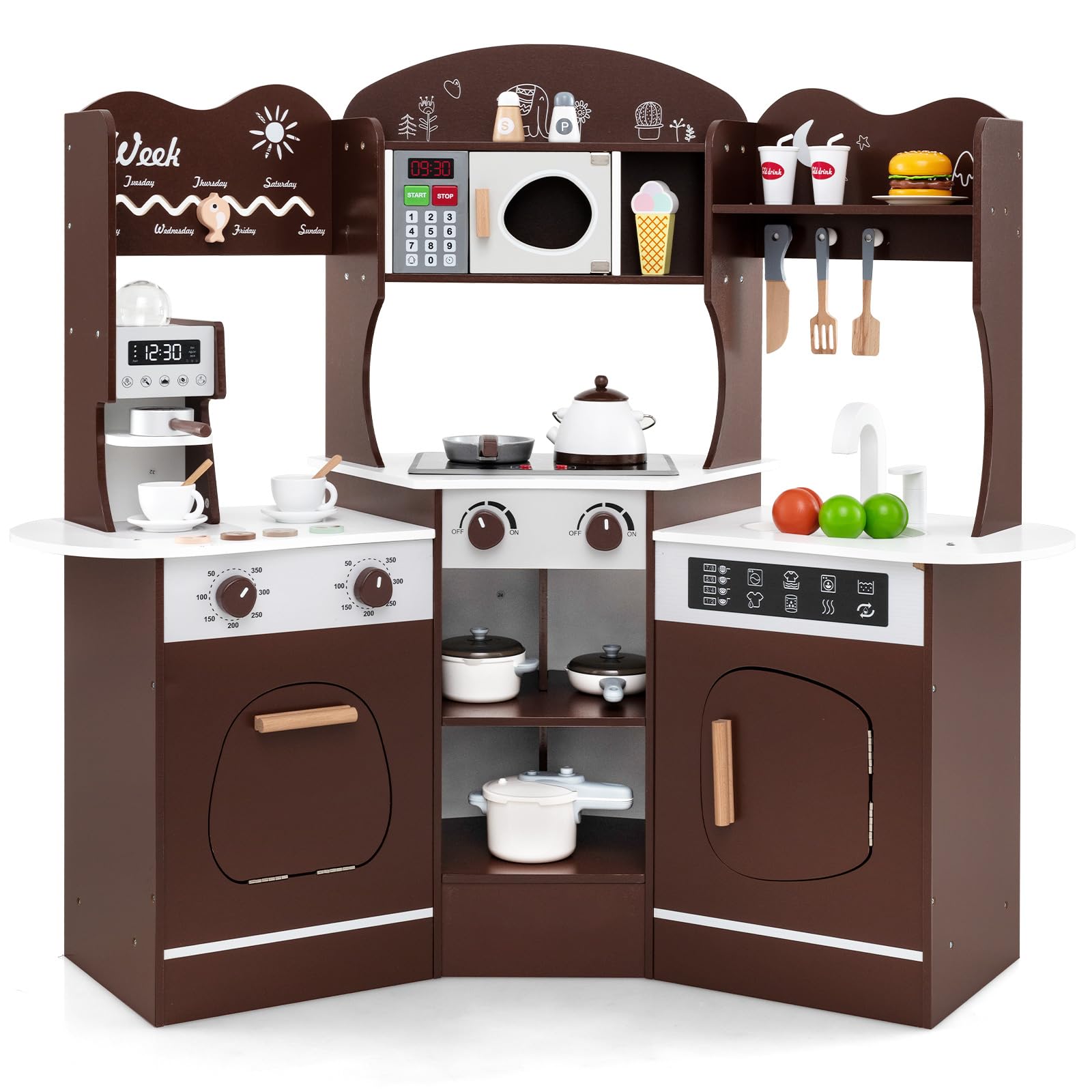 KOTEK Corner Play Kitchen for Toddlers, Wooden Toy Kitchen Set with Lights & Accessories, Coffee Maker, Washing Machine, Pretend Play Kids Kitchen Playset for Boys Girls Age 3+ (Brown)