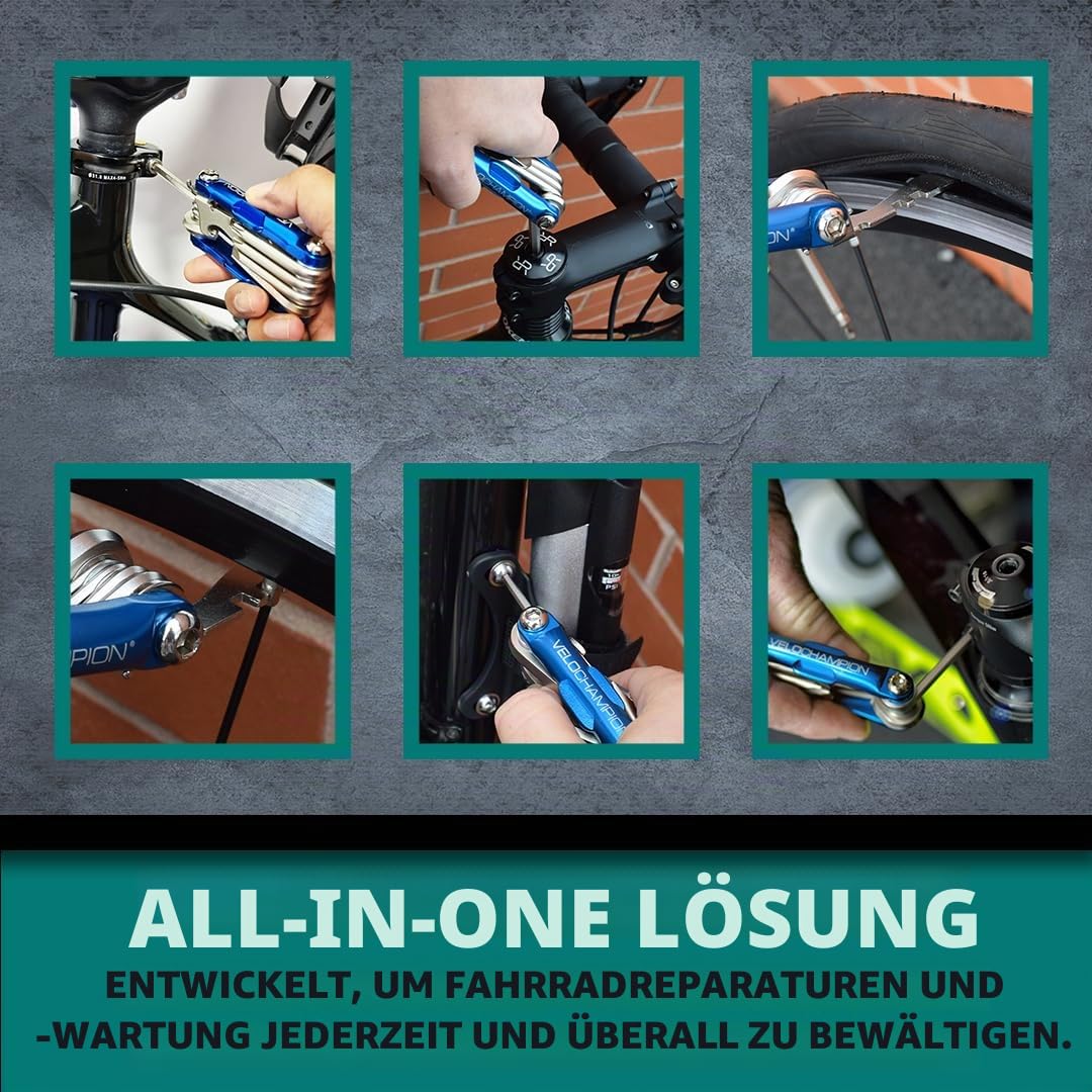 VeloChampion Fahrrad-Multitool 14in1 kompaktes Fahrradreparaturset | Inbus-Schlüssel, Speichenschlüssel, Schraubendreher, Reifenheber, Flaschenöffner | Tragbares Fahrradwerkzeug + Aufbewahrungstasche