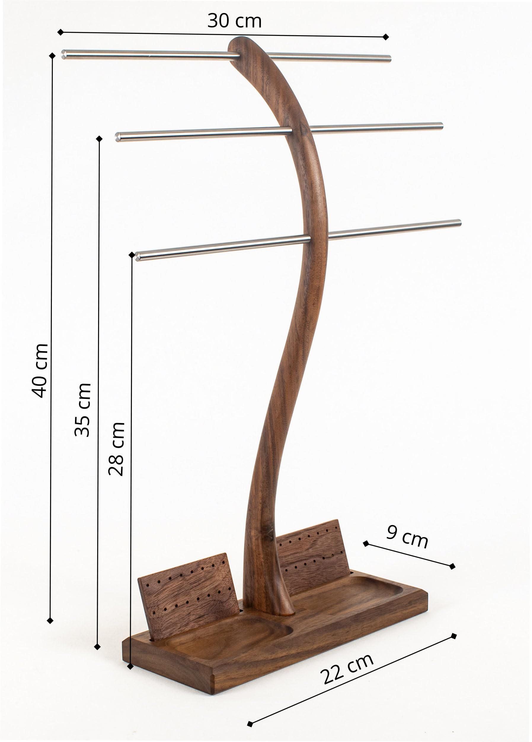 Wood-and-Steel-Design Schmuckhalter aus Nussbaumholz, 3 Ebenen